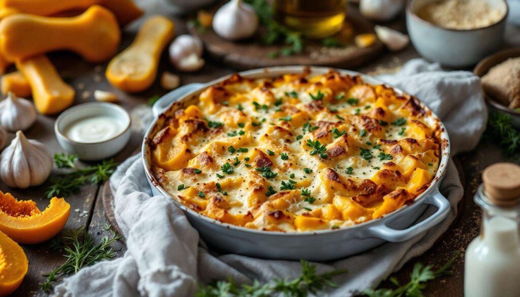 Un gratin butternut-fromage frais au four : douceur fondante, herbes fraîches et crème pour réchauffer vos soirs d’hiver