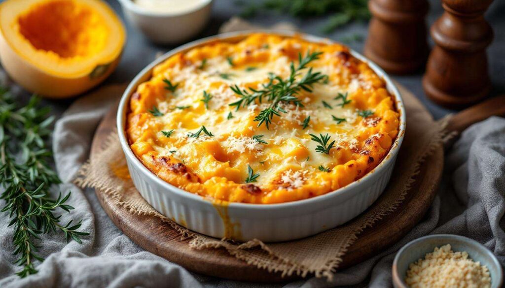 Gratin butternut au fromage frais au four : douceur fondante, herbes fraîches et crème pour réchauffer les soirs d’hiver