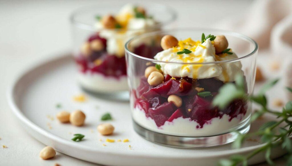 Verrines apéritives betterave, chèvre frais et noisette, une entrée chic et colorée
