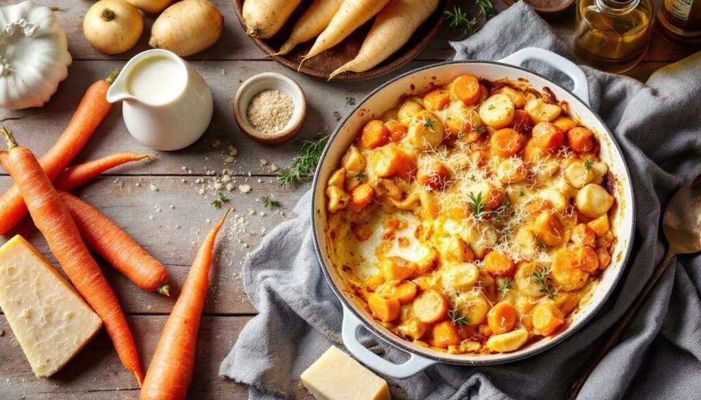 Ce gratin ultra fondant carottes-panais au parmesan se prépare en 10 minutes : explosion de douceur pour les soirs d’hiver