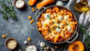 Gratin butternut au fromage frais au four : fondante et gourmande, herbes fraîches et crème pour réchauffer les soirs d'hiver