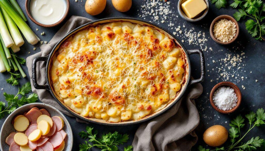 C'est le gratin sans béchamel que je prépare dès que je suis pressée (avec poireaux, pommes de terre et jambon)