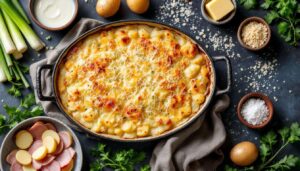 C'est le gratin sans béchamel que je prépare dès que je suis pressée (avec poireaux, pommes de terre et jambon)