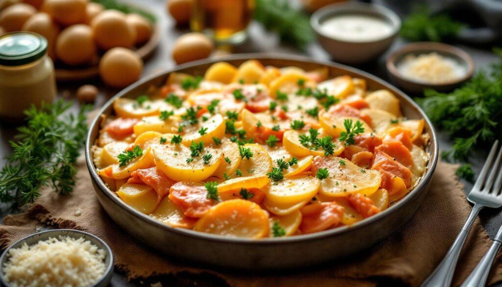 Vraiment idéal pour un soir de flemme, je conseille ce gratin de pommes de terre à tous ceux qui aiment le saumon