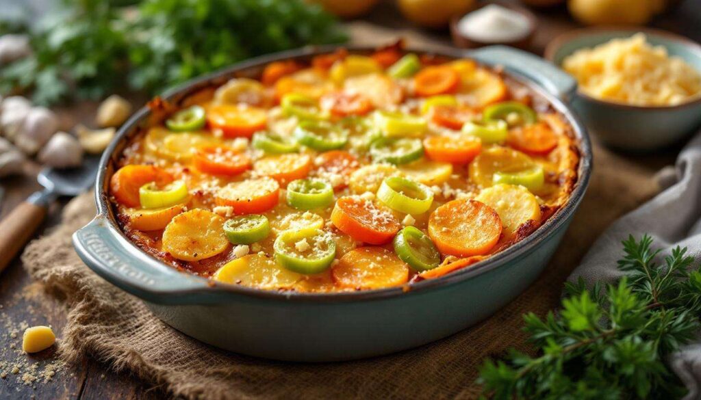 Gratin de pommes de terre, poireaux et carottes : fondant, irrésistiblement doré et très facile à préparer