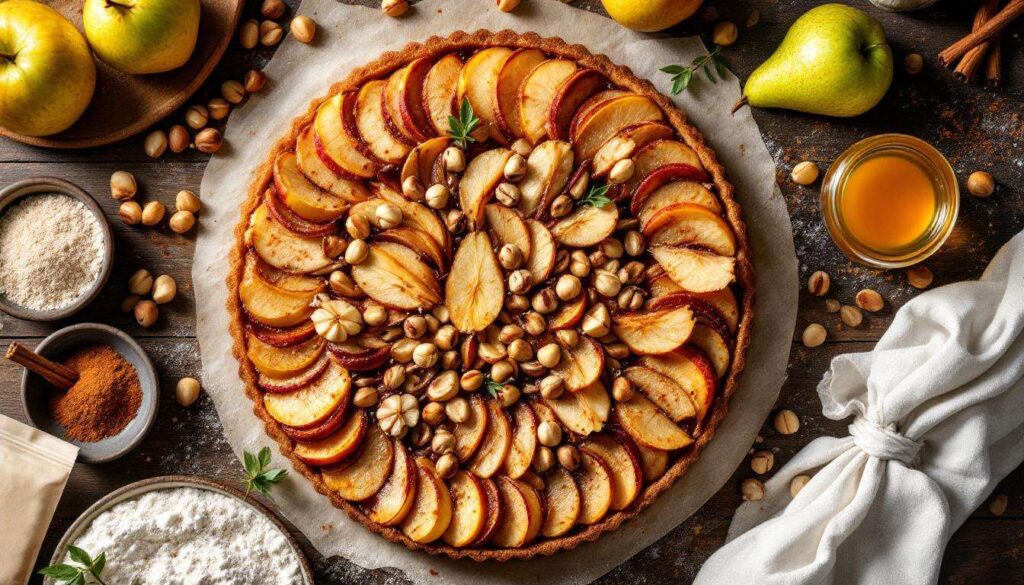 Une tarte pomme-poire crousti-noisettes parfumée d’épices : le dessert fruité et réconfortant parfait pour l’hiver