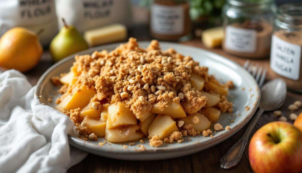 Ingrédients pour un crumble express pommes, poires, noisettes