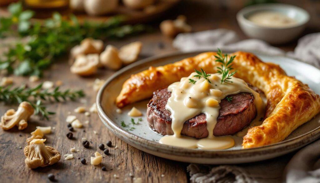 Filet mignon en croûte garni de foie gras, nappé d’une sauce onctueuse aux morilles