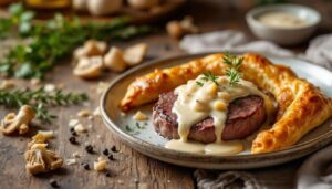 Filet mignon en croûte garni de foie gras, nappé d’une sauce onctueuse aux morilles