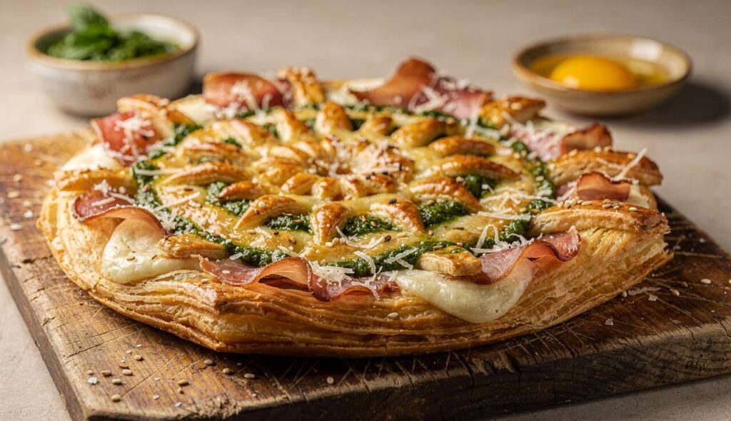 Tarte soleil au pesto et jambon cru : l’apéritif spectaculaire qui se prépare en 15 minutes avec une pâte feuilletée